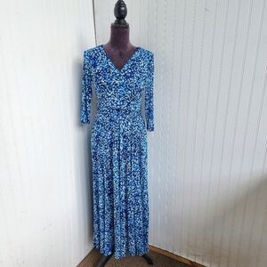 Kate and Lily Blue Pebble Mesh Stretch Maxi Dress 3/4 Sleeve Tie Waist Sz 4P